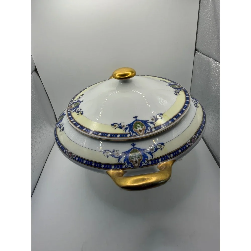 Victoria Czecho-Slovakia Porcelain Lidded Tureen Gold Gilt BlueCream ServingBowl